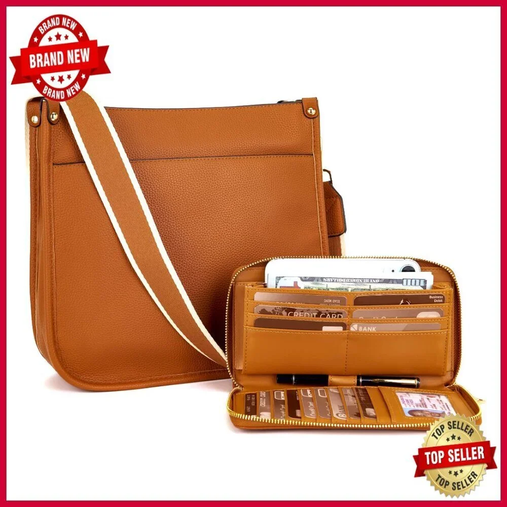 Vegan Leather Crossbody Bag Set with Wallet, Adjustable Strap, Multiple Pockets